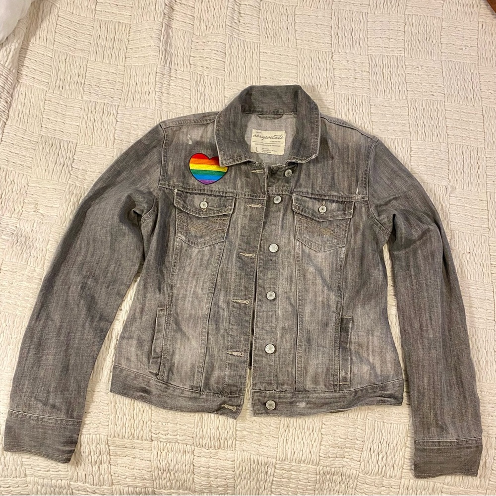 Aeropostale Jean Jacket Grey Distressed Denim Jacket Rainbow Pride Patch